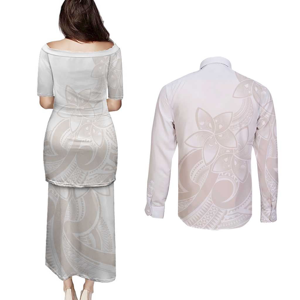 Polynesian Tribal Plumeria Lotu Tamaiti Couples Matching Puletasi and Long Sleeve Button Shirt Pastel Nude LT9 - Polynesian Pride