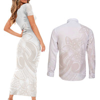 Polynesian Tribal Plumeria Lotu Tamaiti Couples Matching Short Sleeve Bodycon Dress and Long Sleeve Button Shirt Pastel Nude LT9 - Polynesian Pride