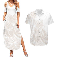 Polynesian Tribal Plumeria Lotu Tamaiti Couples Matching Summer Maxi Dress and Hawaiian Shirt Pastel Nude LT9 Nude - Polynesian Pride