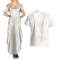Polynesian Tribal Plumeria Lotu Tamaiti Couples Matching Summer Maxi Dress and Hawaiian Shirt Pastel Nude LT9 - Polynesian Pride