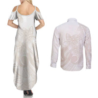 Polynesian Tribal Plumeria Lotu Tamaiti Couples Matching Summer Maxi Dress and Long Sleeve Button Shirt Pastel Nude LT9 - Polynesian Pride