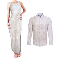 Polynesian Tribal Plumeria Lotu Tamaiti Couples Matching Tank Maxi Dress and Long Sleeve Button Shirt Pastel Nude LT9 Nude - Polynesian Pride