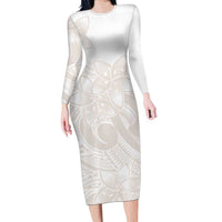 Polynesian Tribal Plumeria Lotu Tamaiti Long Sleeve Bodycon Dress Pastel Nude LT9 Long Dress Nude - Polynesian Pride