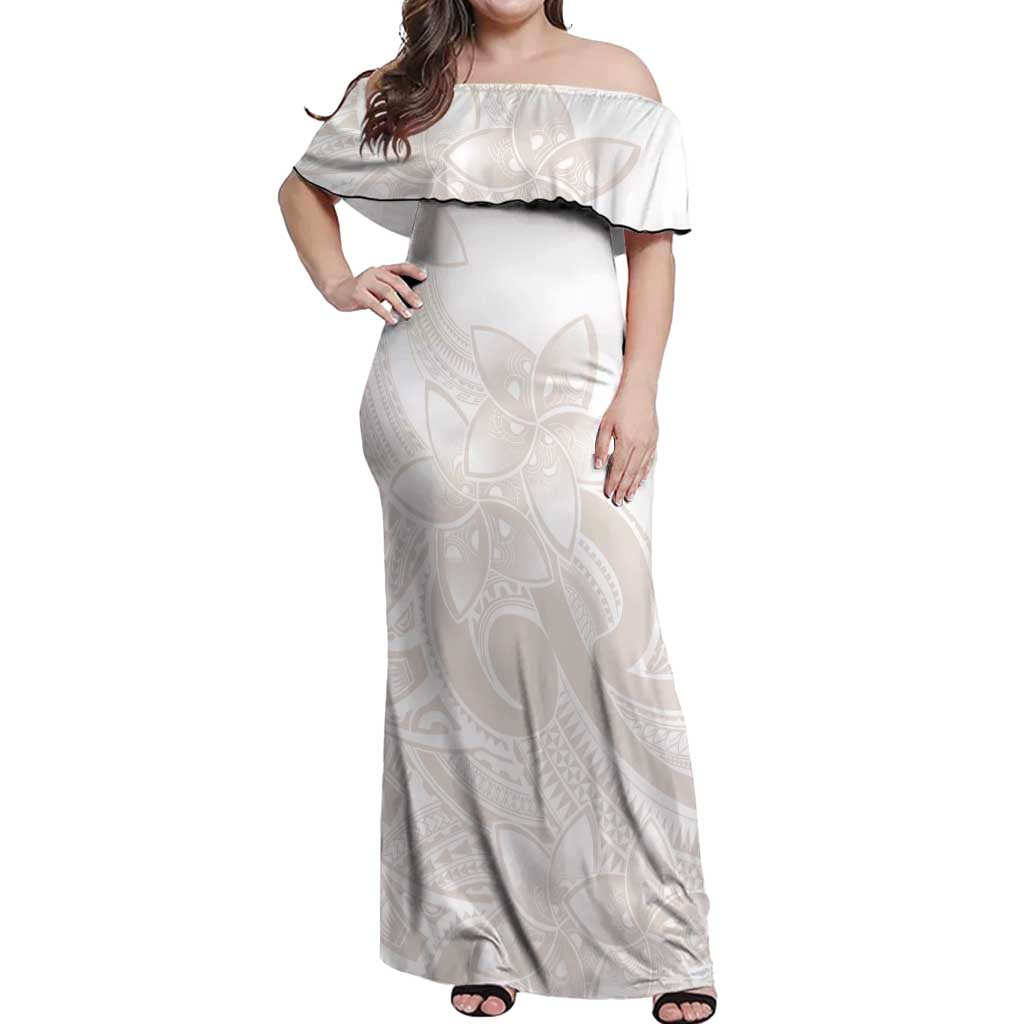 Polynesian Tribal Plumeria Lotu Tamaiti Off Shoulder Maxi Dress Pastel Nude - Polynesian Pride