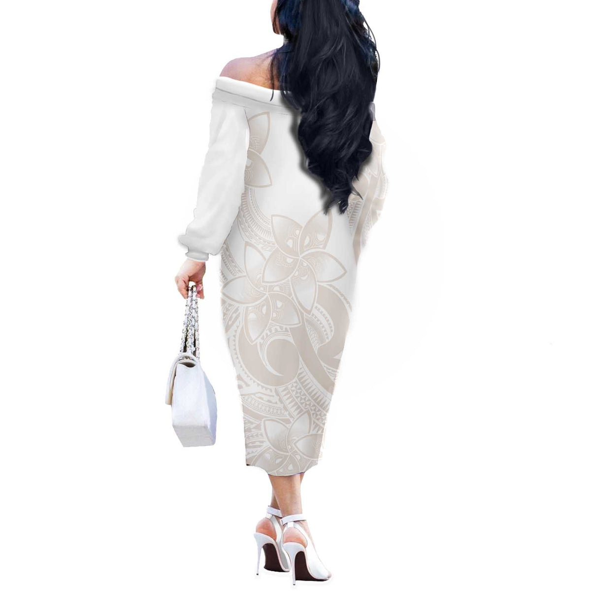 Polynesian Tribal Plumeria Lotu Tamaiti Off The Shoulder Long Sleeve Dress Pastel Nude LT9 - Polynesian Pride