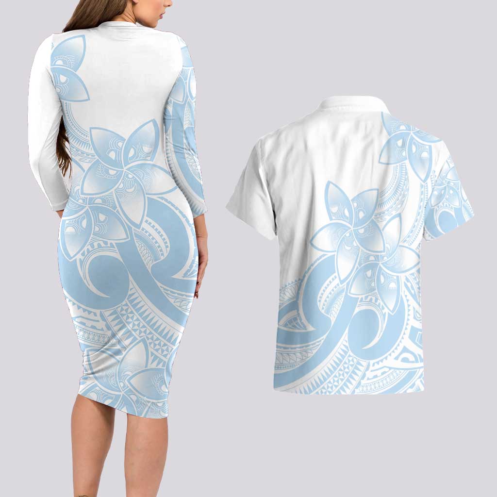 Polynesian Tribal Plumeria Lotu Tamaiti Couples Matching Long Sleeve Bodycon Dress and Hawaiian Shirt Pastel Sky Blue LT9 - Polynesian Pride