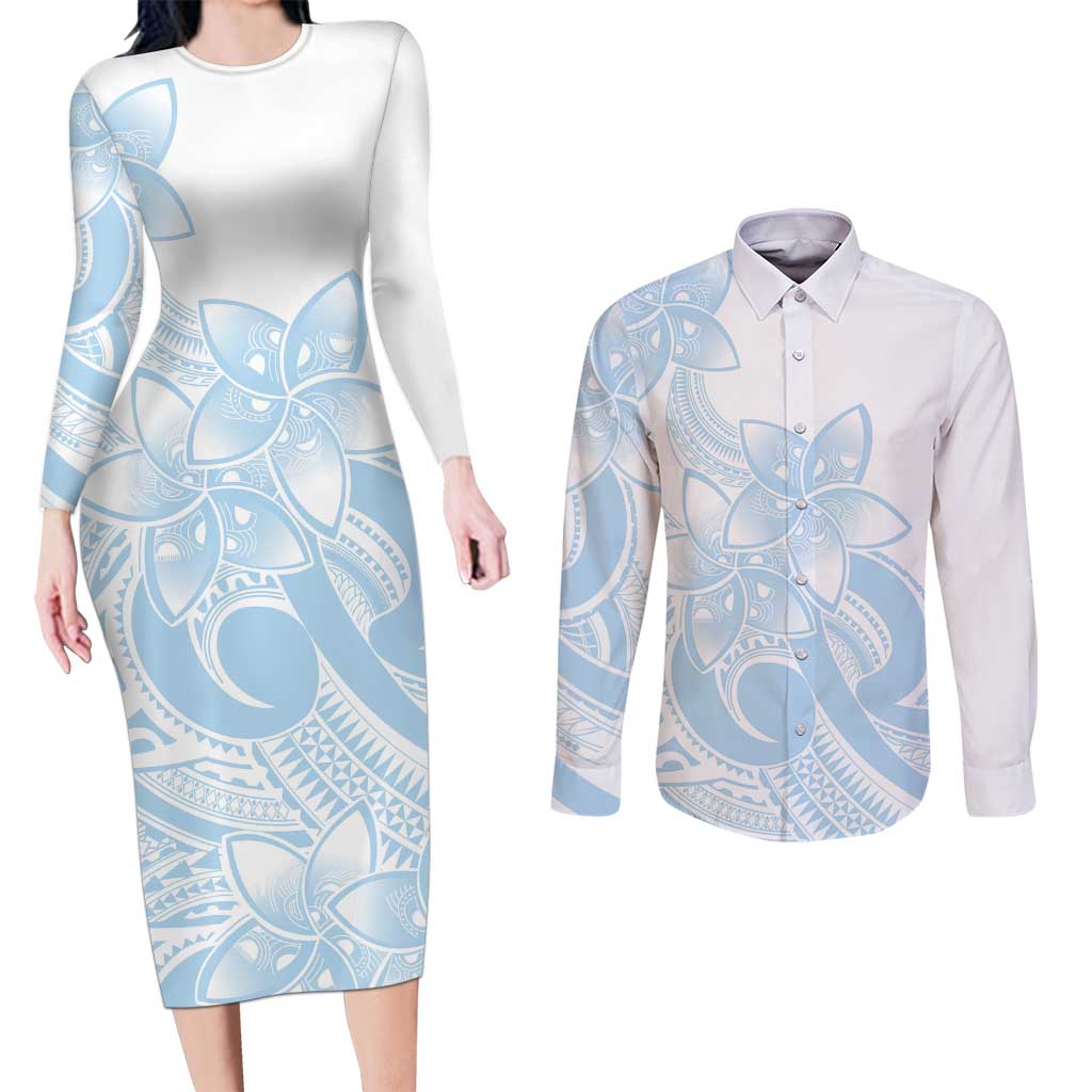 Polynesian Tribal Plumeria Lotu Tamaiti Couples Matching Long Sleeve Bodycon Dress and Long Sleeve Button Shirt Pastel Sky Blue LT9 Blue - Polynesian Pride
