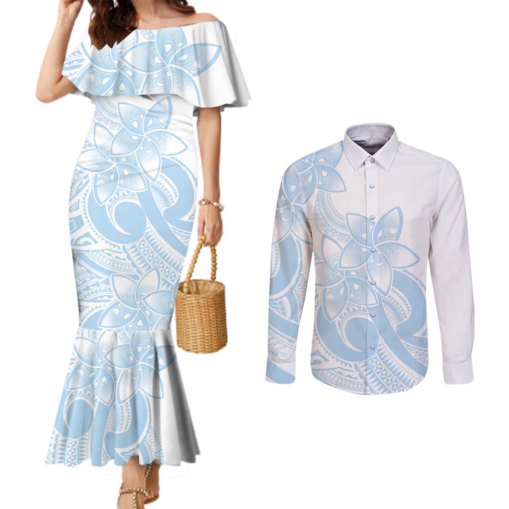 Polynesian Tribal Plumeria Lotu Tamaiti Couples Matching Mermaid Dress and Long Sleeve Button Shirt Pastel Sky Blue LT9 Blue - Polynesian Pride