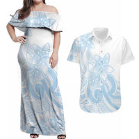 Polynesian Tribal Plumeria Lotu Tamaiti Couples Matching Off Shoulder Maxi Dress and Hawaiian Shirt Pastel Sky Blue LT9 Blue - Polynesian Pride