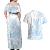 Polynesian Tribal Plumeria Lotu Tamaiti Couples Matching Off Shoulder Maxi Dress and Hawaiian Shirt Pastel Sky Blue LT9 - Polynesian Pride