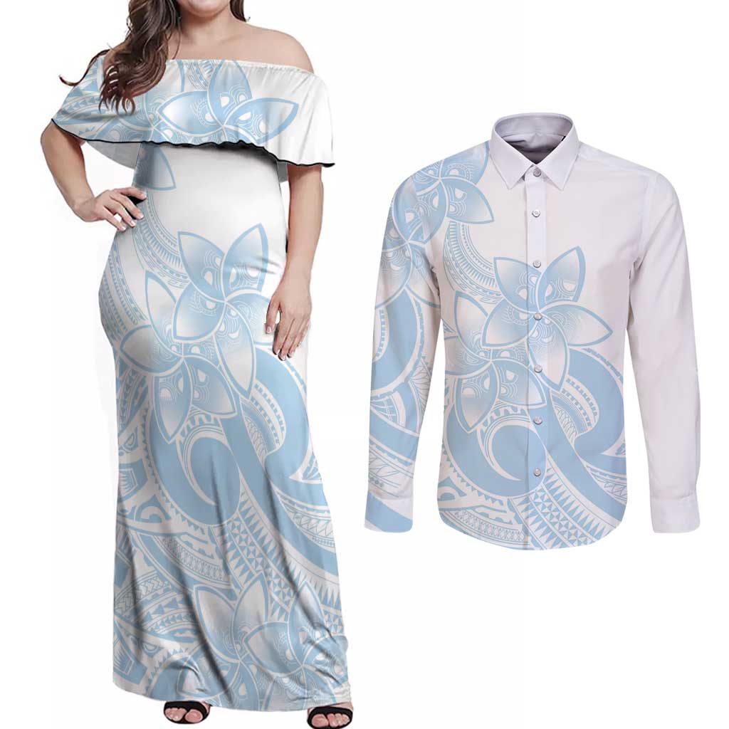 Polynesian Tribal Plumeria Lotu Tamaiti Couples Matching Off Shoulder Maxi Dress and Long Sleeve Button Shirt Pastel Sky Blue LT9 Blue - Polynesian Pride