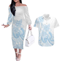 Polynesian Tribal Plumeria Lotu Tamaiti Couples Matching Off The Shoulder Long Sleeve Dress and Hawaiian Shirt Pastel Sky Blue LT9 Blue - Polynesian Pride