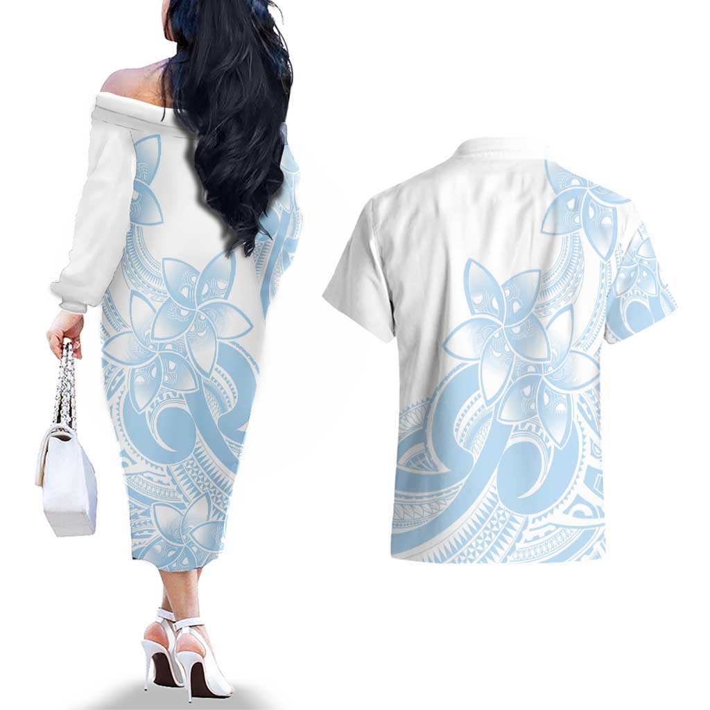 Polynesian Tribal Plumeria Lotu Tamaiti Couples Matching Off The Shoulder Long Sleeve Dress and Hawaiian Shirt Pastel Sky Blue LT9 - Polynesian Pride