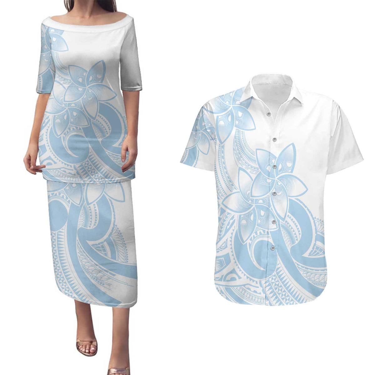 Polynesian Tribal Plumeria Lotu Tamaiti Couples Matching Puletasi and Hawaiian Shirt Pastel Sky Blue LT9 Blue - Polynesian Pride