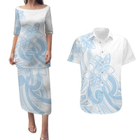 Polynesian Tribal Plumeria Lotu Tamaiti Couples Matching Puletasi and Hawaiian Shirt Pastel Sky Blue LT9 Blue - Polynesian Pride
