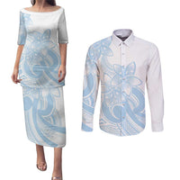 Polynesian Tribal Plumeria Lotu Tamaiti Couples Matching Puletasi and Long Sleeve Button Shirt Pastel Sky Blue LT9 Blue - Polynesian Pride