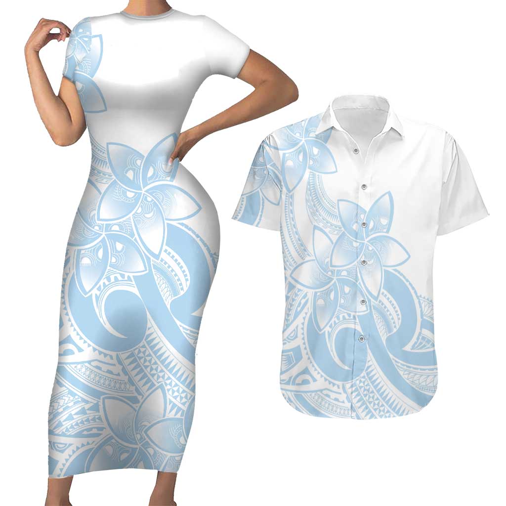Polynesian Tribal Plumeria Lotu Tamaiti Couples Matching Short Sleeve Bodycon Dress and Hawaiian Shirt Pastel Sky Blue LT9 Blue - Polynesian Pride