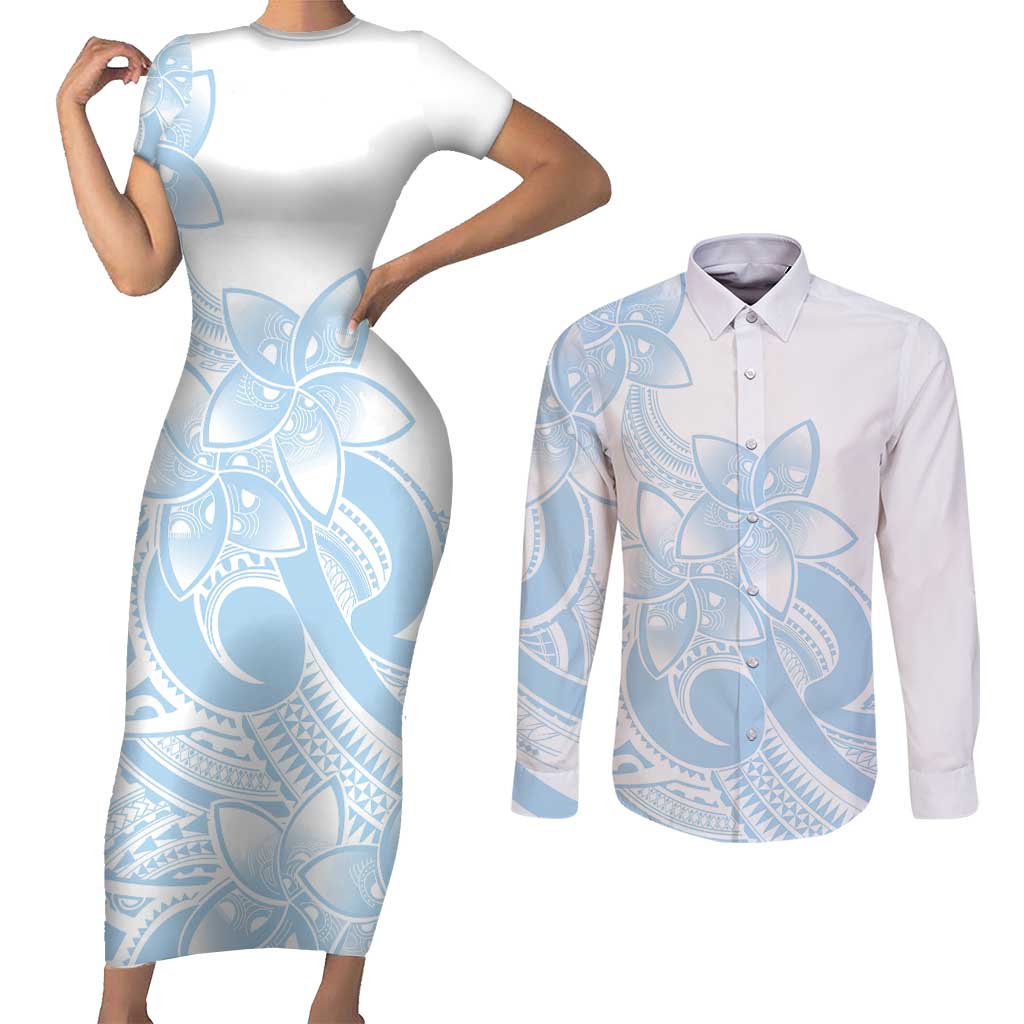 Polynesian Tribal Plumeria Lotu Tamaiti Couples Matching Short Sleeve Bodycon Dress and Long Sleeve Button Shirt Pastel Sky Blue LT9 Blue - Polynesian Pride