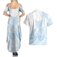 Polynesian Tribal Plumeria Lotu Tamaiti Couples Matching Summer Maxi Dress and Hawaiian Shirt Pastel Sky Blue LT9 - Polynesian Pride