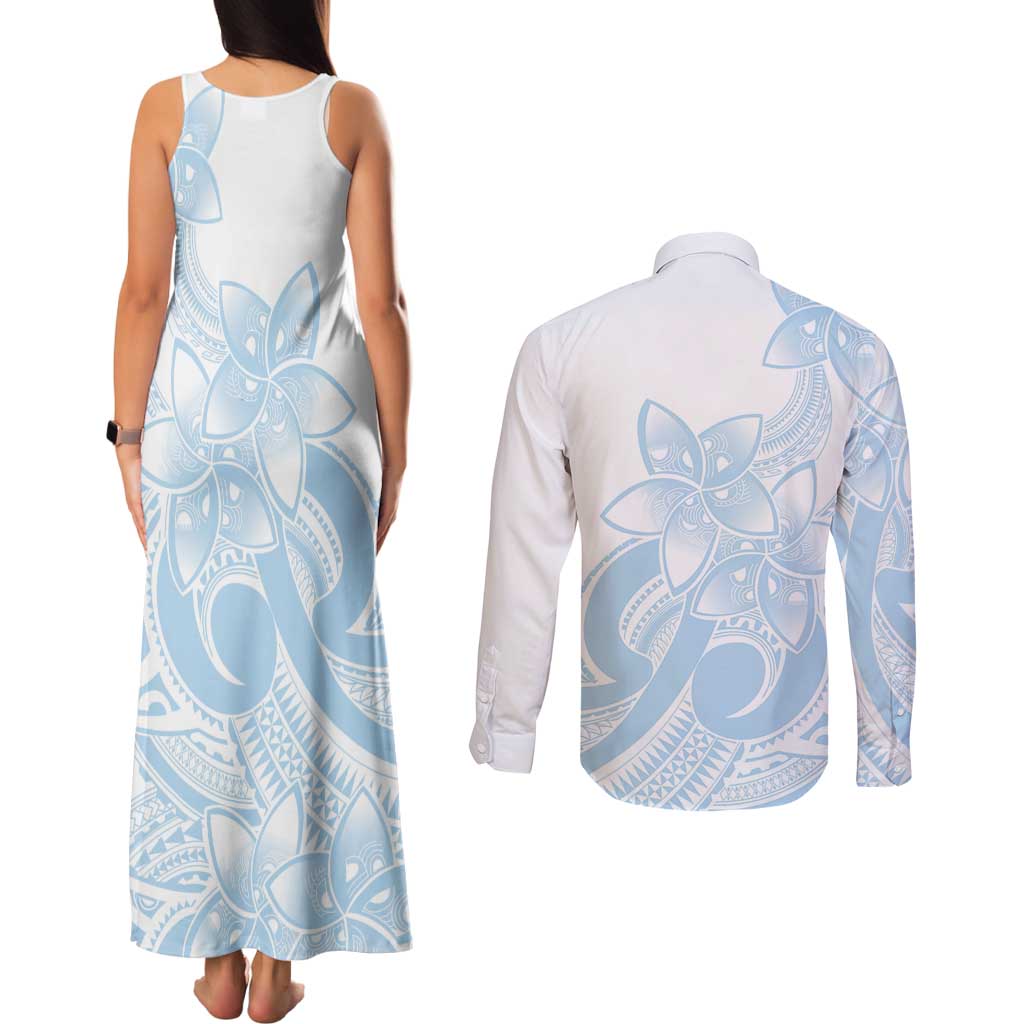 Polynesian Tribal Plumeria Lotu Tamaiti Couples Matching Tank Maxi Dress and Long Sleeve Button Shirt Pastel Sky Blue LT9 - Polynesian Pride