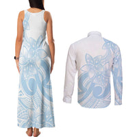 Polynesian Tribal Plumeria Lotu Tamaiti Couples Matching Tank Maxi Dress and Long Sleeve Button Shirt Pastel Sky Blue LT9 - Polynesian Pride
