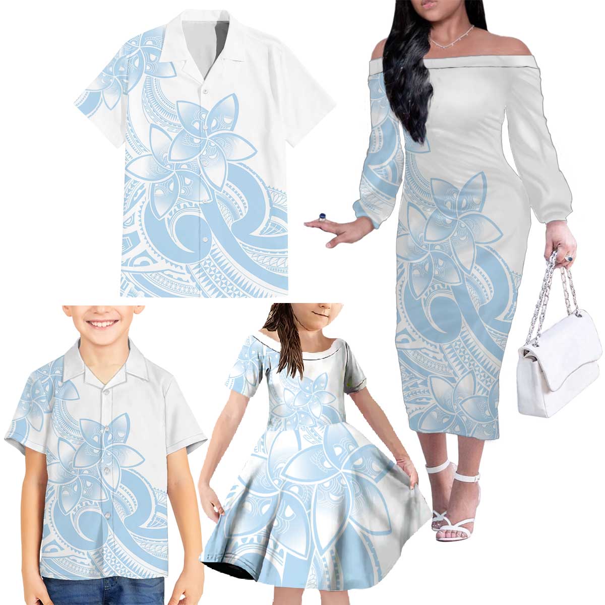 Polynesian Tribal Plumeria Lotu Tamaiti Family Matching Off The Shoulder Long Sleeve Dress and Hawaiian Shirt Pastel Sky Blue LT9 - Polynesian Pride
