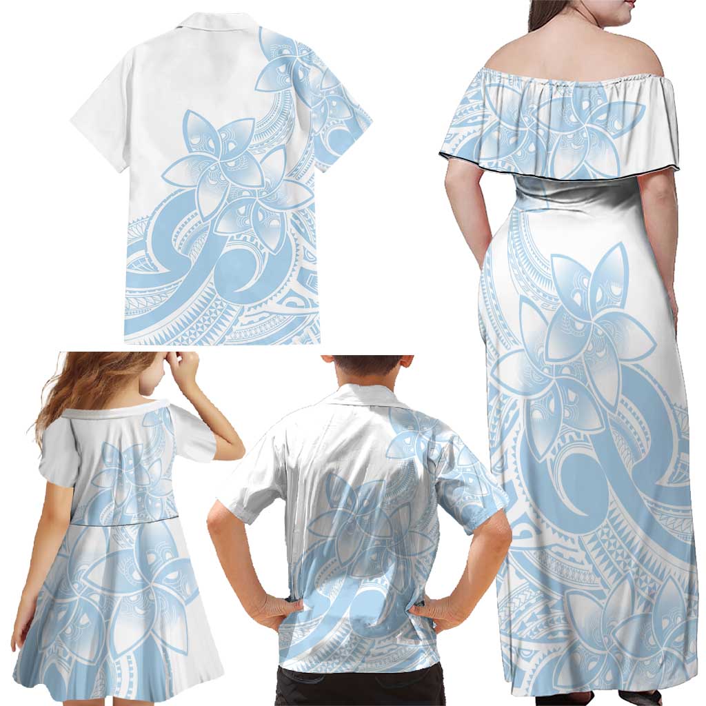 Polynesian Tribal Plumeria Lotu Tamaiti Family Matching Off Shoulder Maxi Dress and Hawaiian Shirt Pastel Sky Blue LT9 - Polynesian Pride