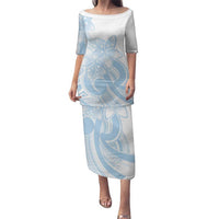 Polynesian Tribal Plumeria Lotu Tamaiti Family Matching Puletasi and Hawaiian Shirt Pastel Sky Blue LT9 Mom's Dress Blue - Polynesian Pride