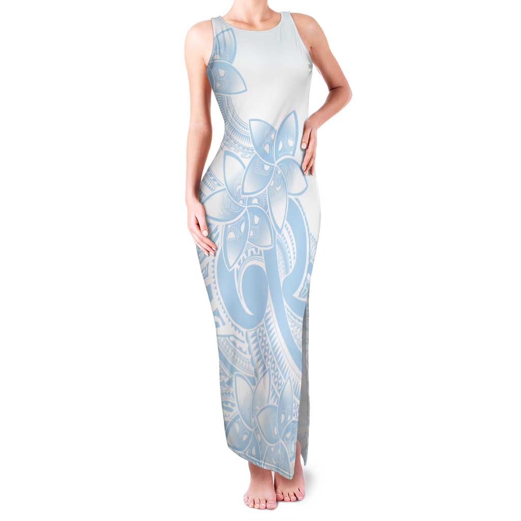 Polynesian Tribal Plumeria Lotu Tamaiti Family Matching Tank Maxi Dress and Hawaiian Shirt Pastel Sky Blue LT9 Mom's Dress Blue - Polynesian Pride