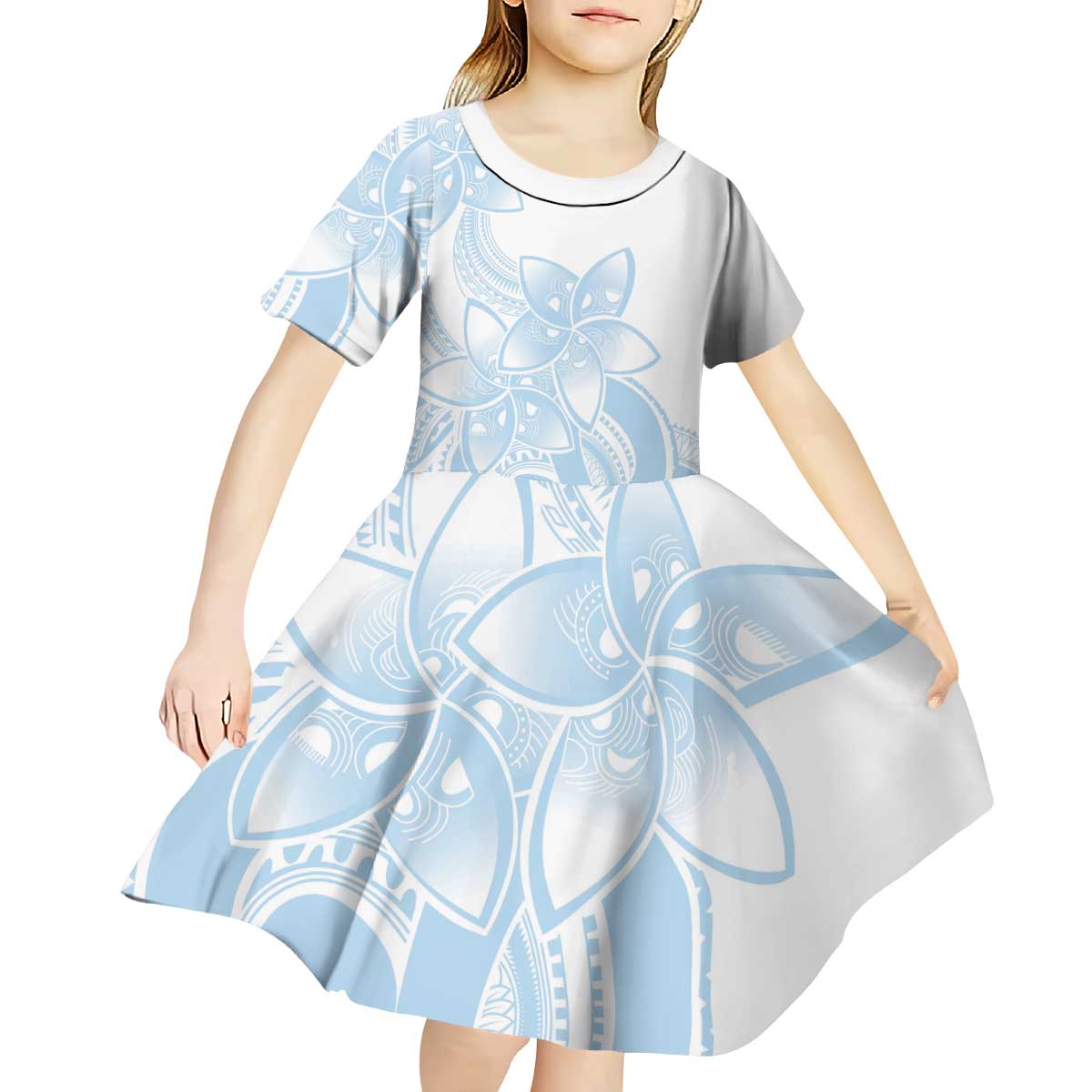 Polynesian Tribal Plumeria Lotu Tamaiti Kid Short Sleeve Dress Pastel Sky Blue LT9 - Polynesian Pride