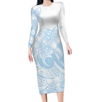 Polynesian Tribal Plumeria Lotu Tamaiti Long Sleeve Bodycon Dress Pastel Sky Blue LT9 Long Dress Blue - Polynesian Pride