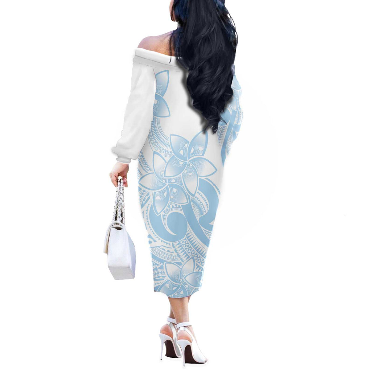 Polynesian Tribal Plumeria Lotu Tamaiti Off The Shoulder Long Sleeve Dress Pastel Sky Blue LT9 - Polynesian Pride