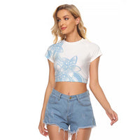 Polynesian Tribal Plumeria Lotu Tamaiti Raglan Cropped T Shirt Pastel Sky Blue LT9 Female Blue - Polynesian Pride