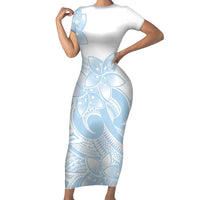 Polynesian Tribal Plumeria Lotu Tamaiti Short Sleeve Bodycon Dress Pastel Sky Blue LT9 Long Dress Blue - Polynesian Pride