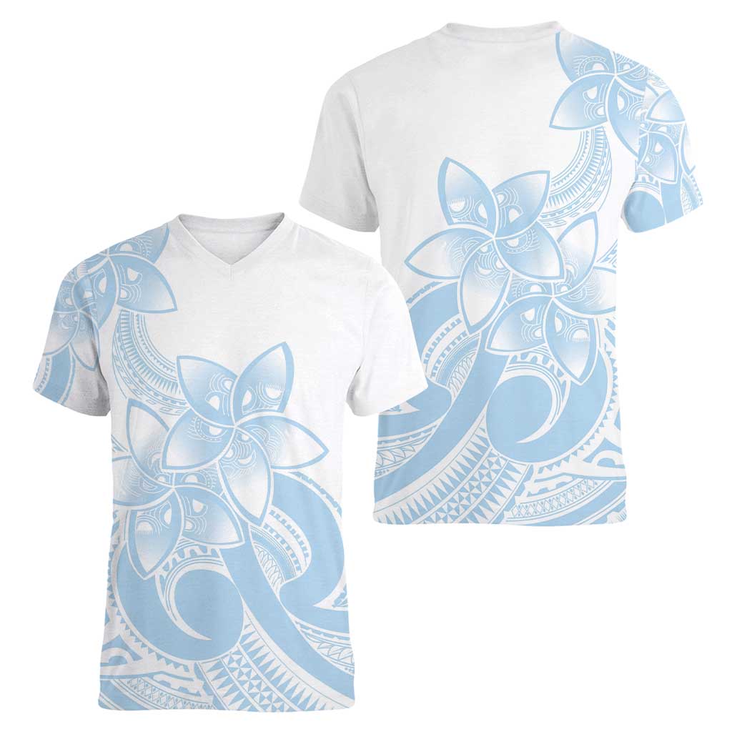 Polynesian Tribal Plumeria Lotu Tamaiti Women V-Neck T-Shirt Pastel Sky Blue LT9 - Polynesian Pride
