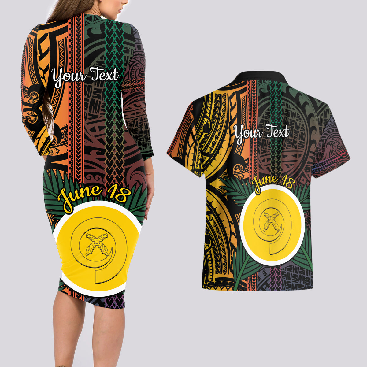 Personalised Shefa Day Couples Matching Long Sleeve Bodycon Dress and Hawaiian Shirt Happy June 18 Vanuatu Province LT14 - Polynesian Pride