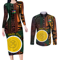 Personalised Shefa Day Couples Matching Long Sleeve Bodycon Dress and Long Sleeve Button Shirt Happy June 18 Vanuatu Province LT14 Black - Polynesian Pride