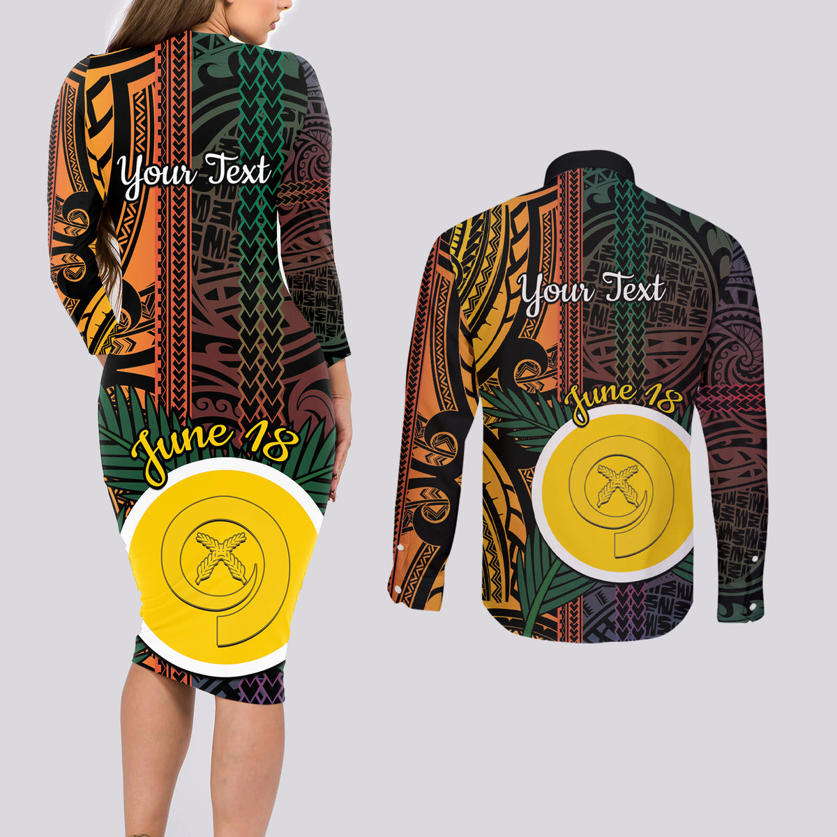 Personalised Shefa Day Couples Matching Long Sleeve Bodycon Dress and Long Sleeve Button Shirt Happy June 18 Vanuatu Province LT14 - Polynesian Pride