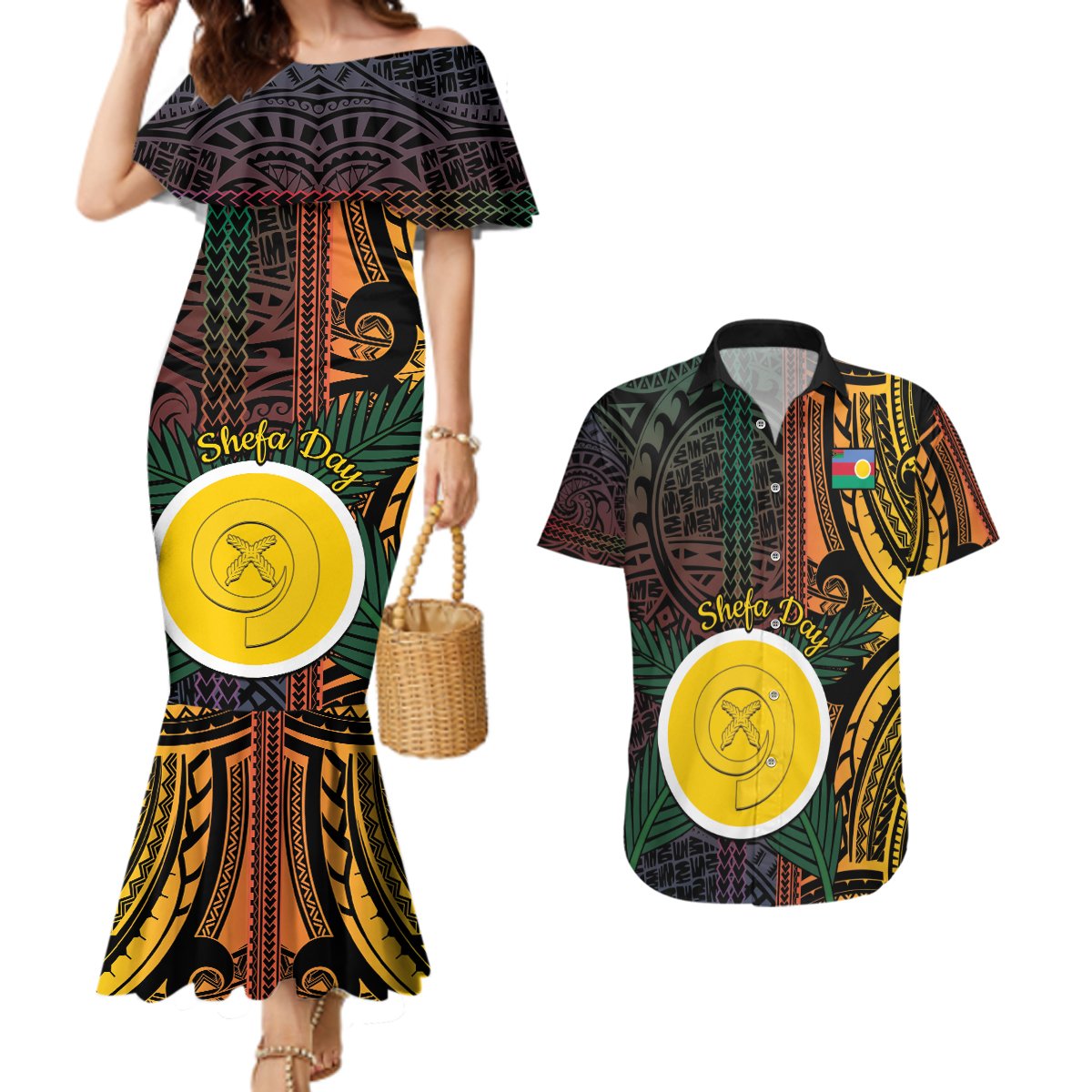 Personalised Shefa Day Couples Matching Mermaid Dress and Hawaiian Shirt Happy June 18 Vanuatu Province LT14 Black - Polynesian Pride