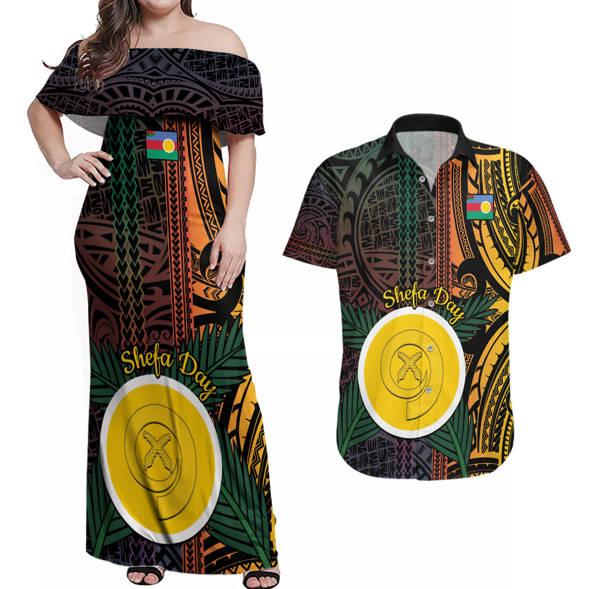 Personalised Shefa Day Couples Matching Off Shoulder Maxi Dress and Hawaiian Shirt Happy June 18 Vanuatu Province LT14 Black - Polynesian Pride