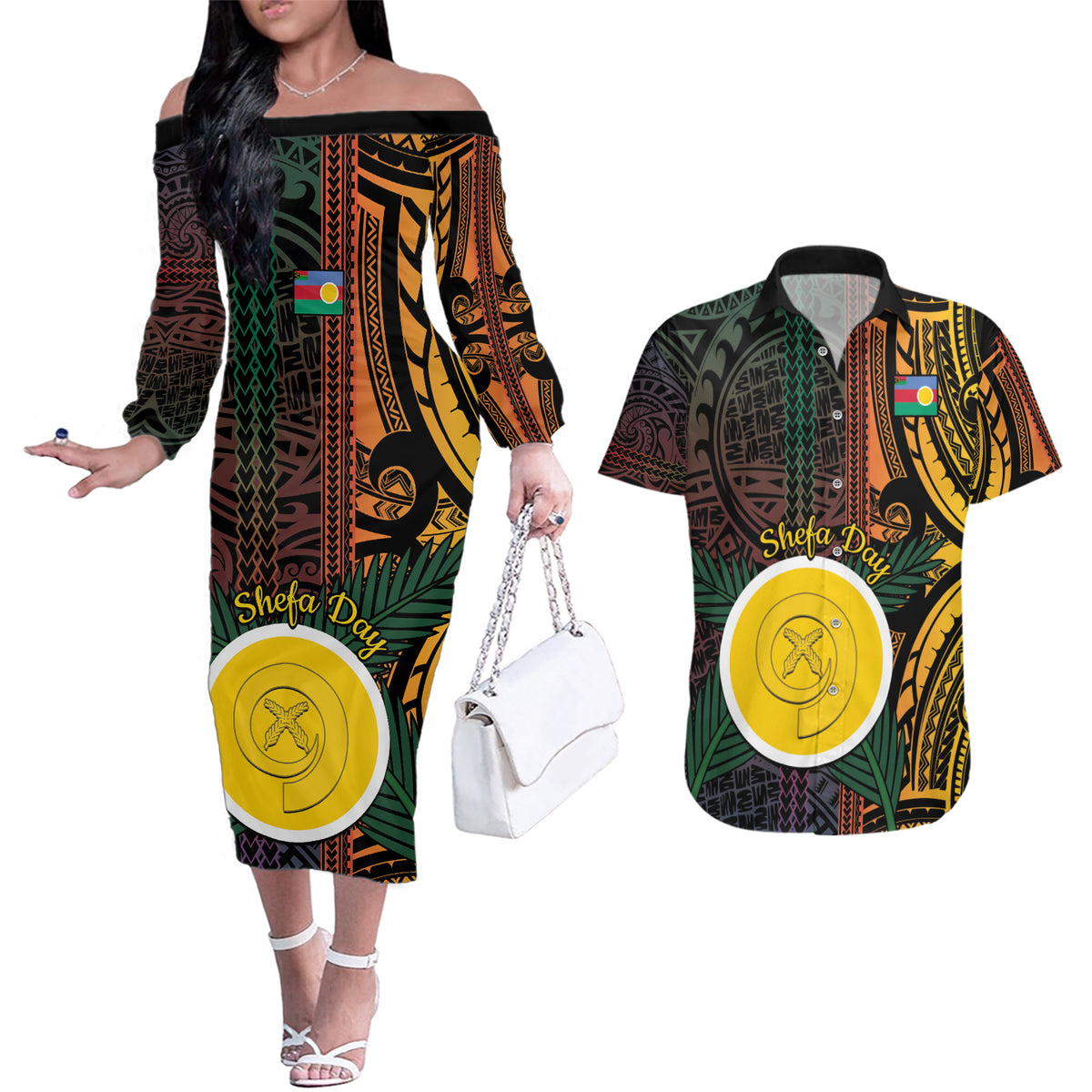 Personalised Shefa Day Couples Matching Off The Shoulder Long Sleeve Dress and Hawaiian Shirt Happy June 18 Vanuatu Province LT14 Black - Polynesian Pride