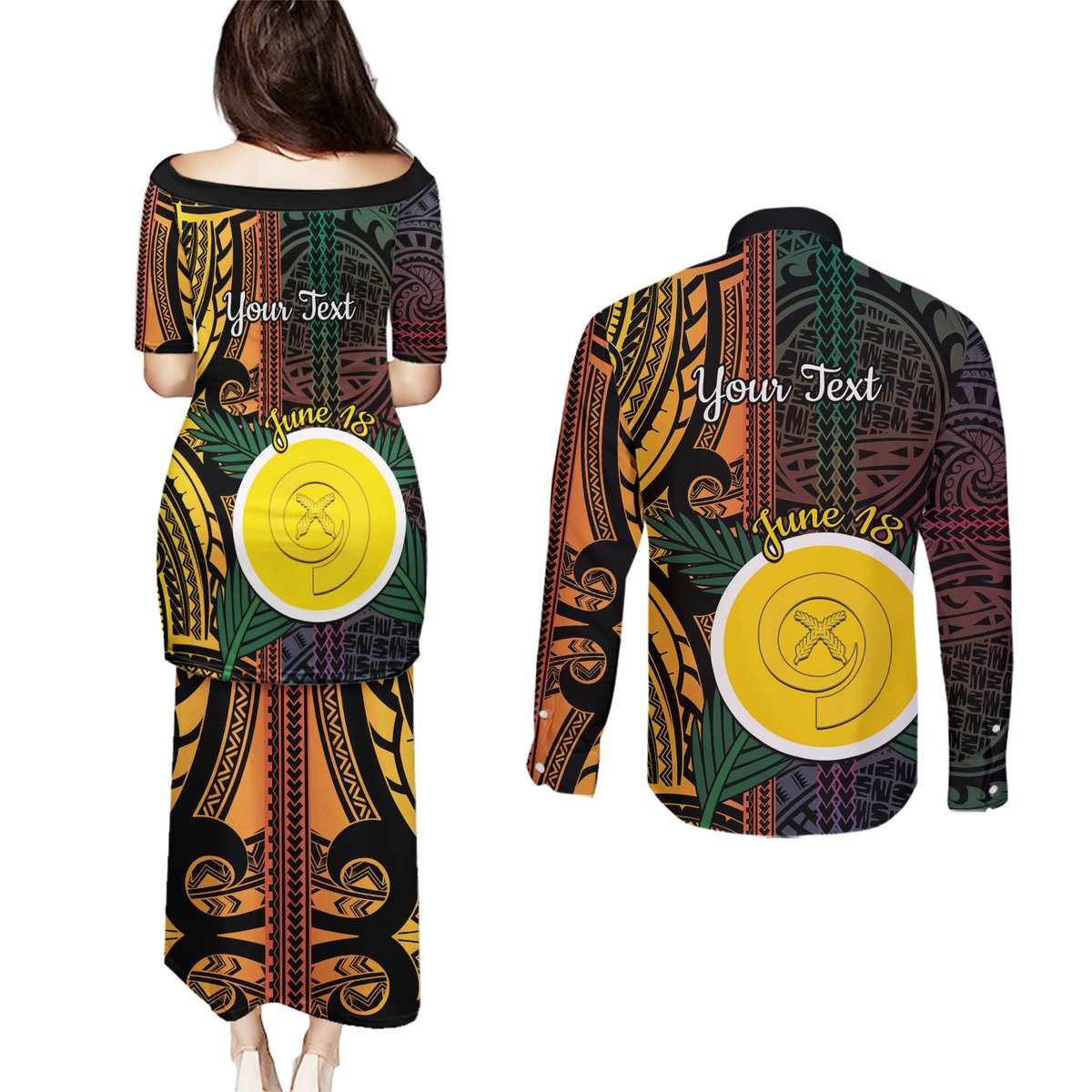Personalised Shefa Day Couples Matching Puletasi and Long Sleeve Button Shirt Happy June 18 Vanuatu Province