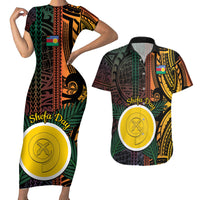 Personalised Shefa Day Couples Matching Short Sleeve Bodycon Dress and Hawaiian Shirt Happy June 18 Vanuatu Province LT14 Black - Polynesian Pride