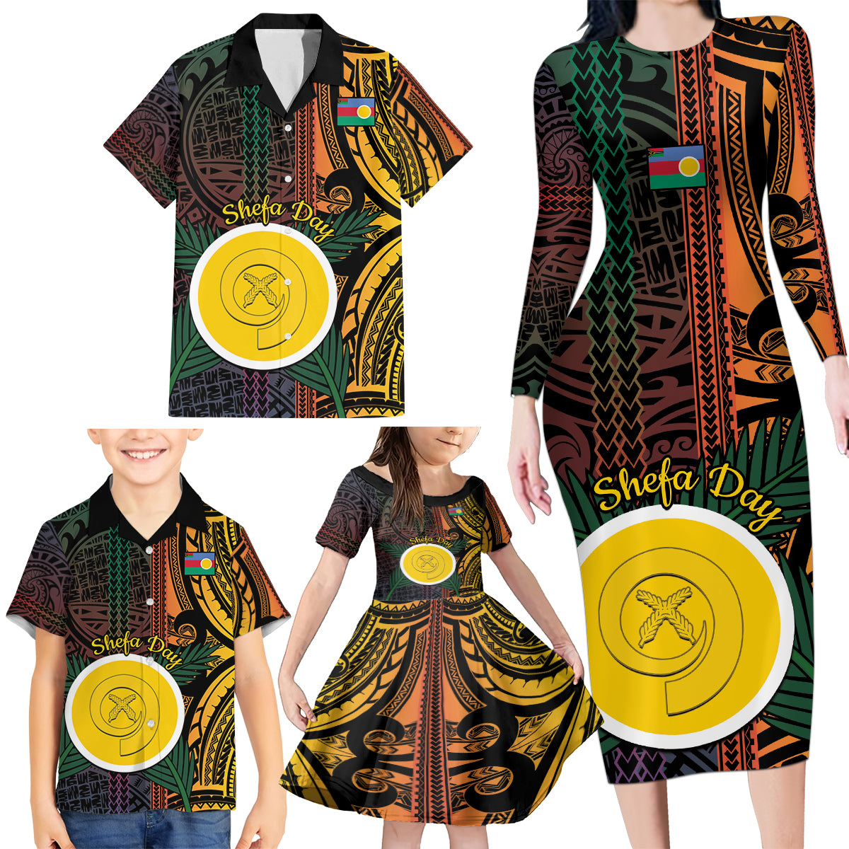 Personalised Shefa Day Family Matching Long Sleeve Bodycon Dress and Hawaiian Shirt Happy June 18 Vanuatu Province LT14 - Polynesian Pride