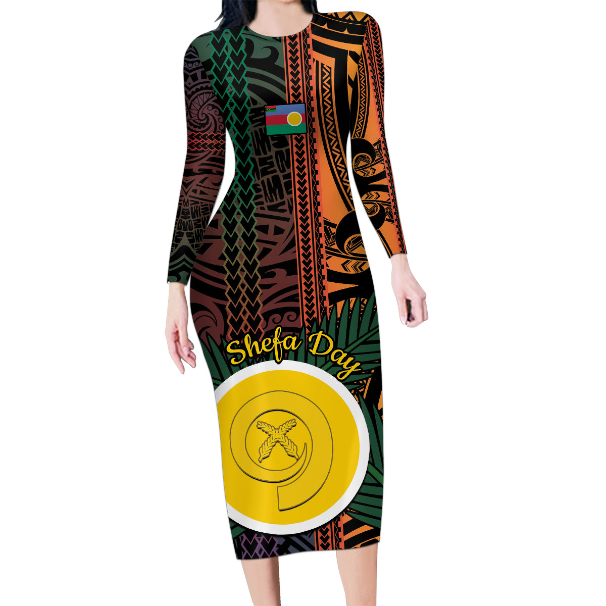 Personalised Shefa Day Family Matching Long Sleeve Bodycon Dress and Hawaiian Shirt Happy June 18 Vanuatu Province LT14 Mom's Dress Black - Polynesian Pride