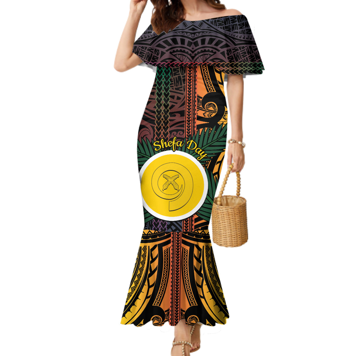 Personalised Shefa Day Family Matching Mermaid Dress and Hawaiian Shirt Happy June 18 Vanuatu Province LT14 Mom's Dress Black - Polynesian Pride