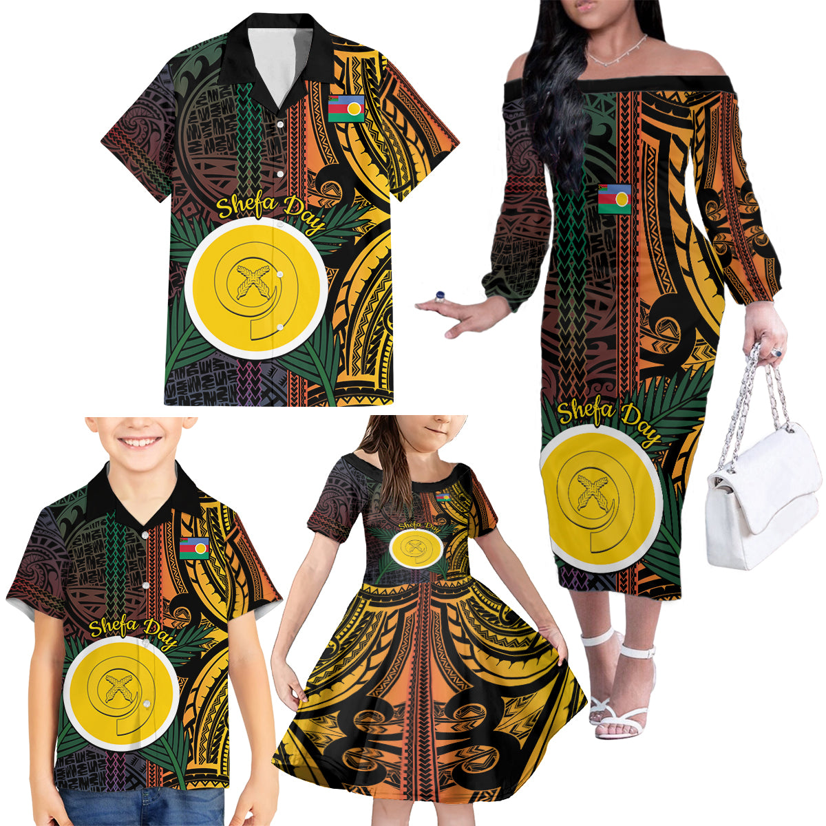 Personalised Shefa Day Family Matching Off The Shoulder Long Sleeve Dress and Hawaiian Shirt Happy June 18 Vanuatu Province LT14 - Polynesian Pride
