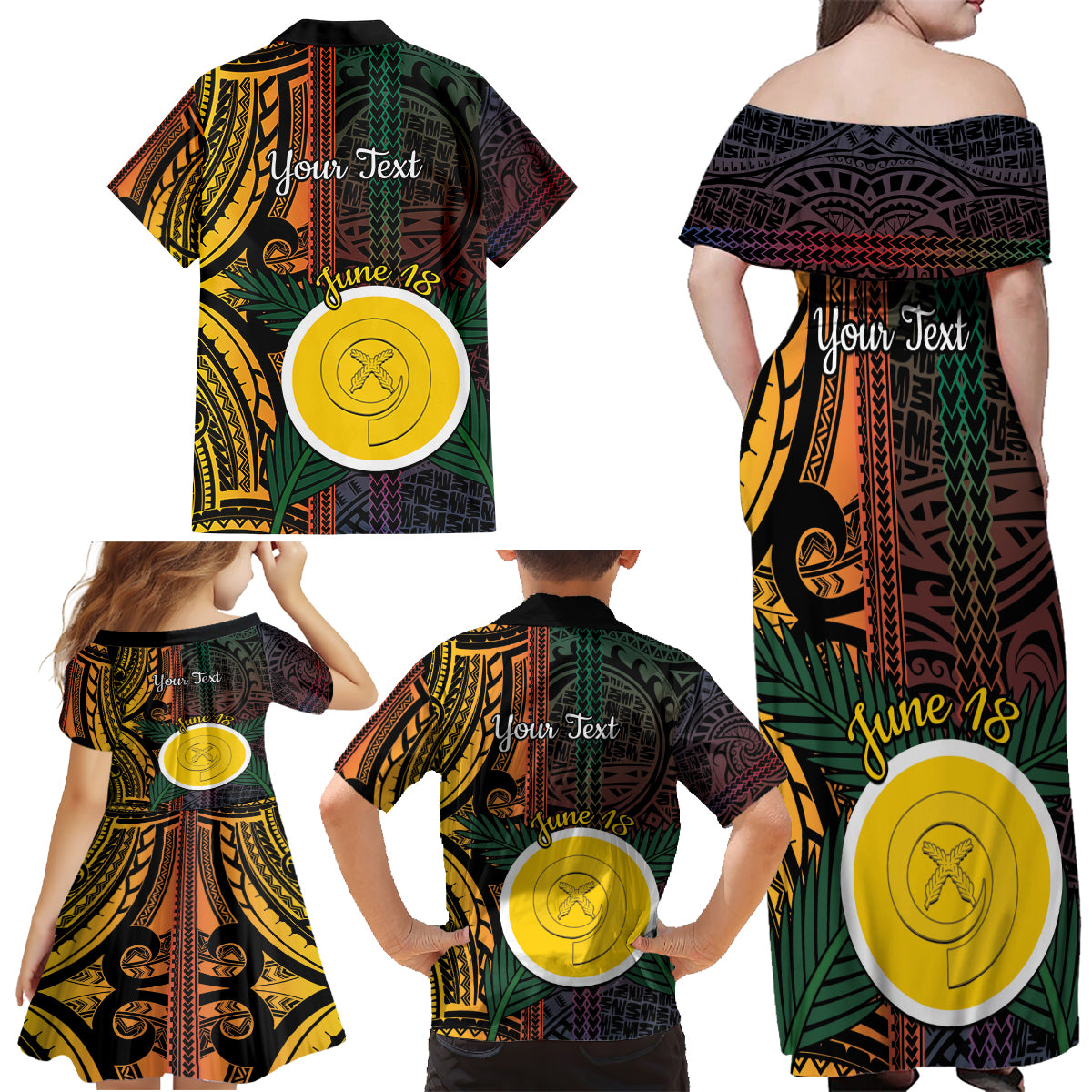 Personalised Shefa Day Family Matching Off Shoulder Maxi Dress and Hawaiian Shirt Happy June 18 Vanuatu Province LT14 - Polynesian Pride