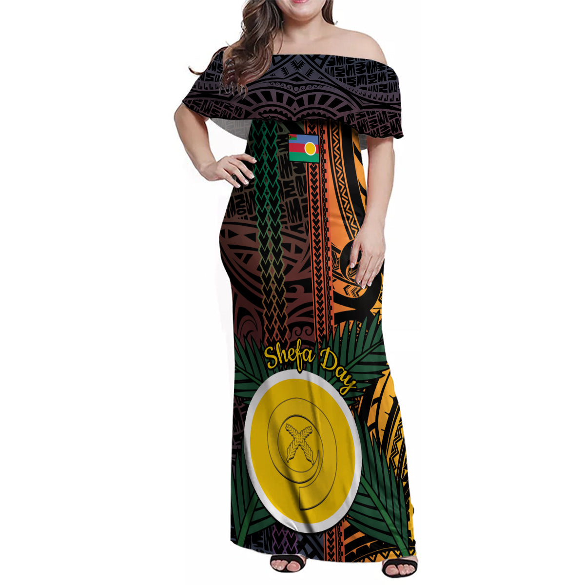 Personalised Shefa Day Family Matching Off Shoulder Maxi Dress and Hawaiian Shirt Happy June 18 Vanuatu Province LT14 Mom's Dress Black - Polynesian Pride
