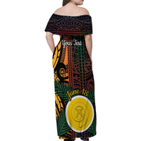 Personalised Shefa Day Family Matching Off Shoulder Maxi Dress and Hawaiian Shirt Happy June 18 Vanuatu Province LT14 - Polynesian Pride